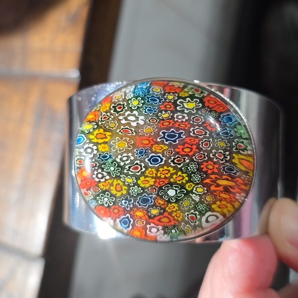 Millefiori Glass Bold Chunky Wide Bangle Cuff Stainless Steel Bracelet - Picture 11 of 13